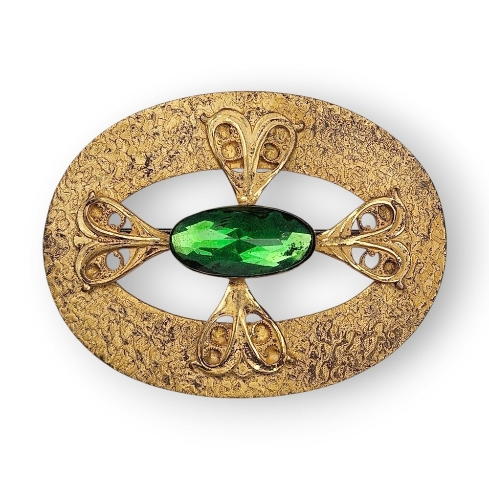 Antique Art Nouveau Heart Sash Pin Brooch Green Paste Stone Matte Gold Gilt Oval